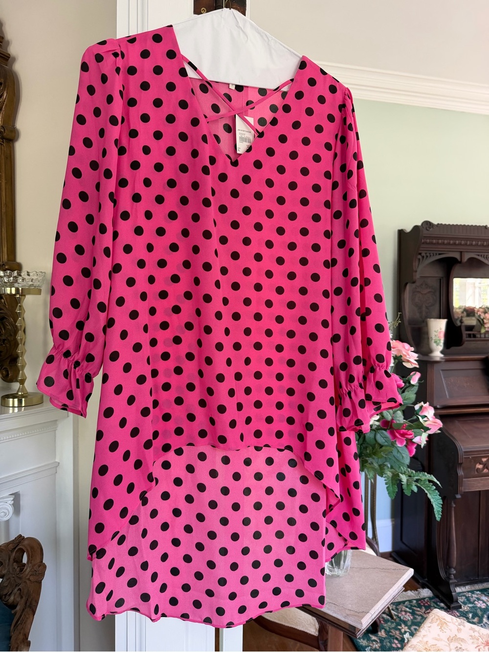 Cato Pink and Black Polka Dot High-Low Tunic NWT